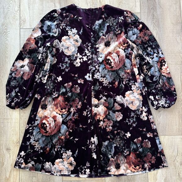 Calvin Klein Womens Velvet Puff Sleeve Floral Dress Size 14 Wedding Whimsigoth - Picture 7 of 14